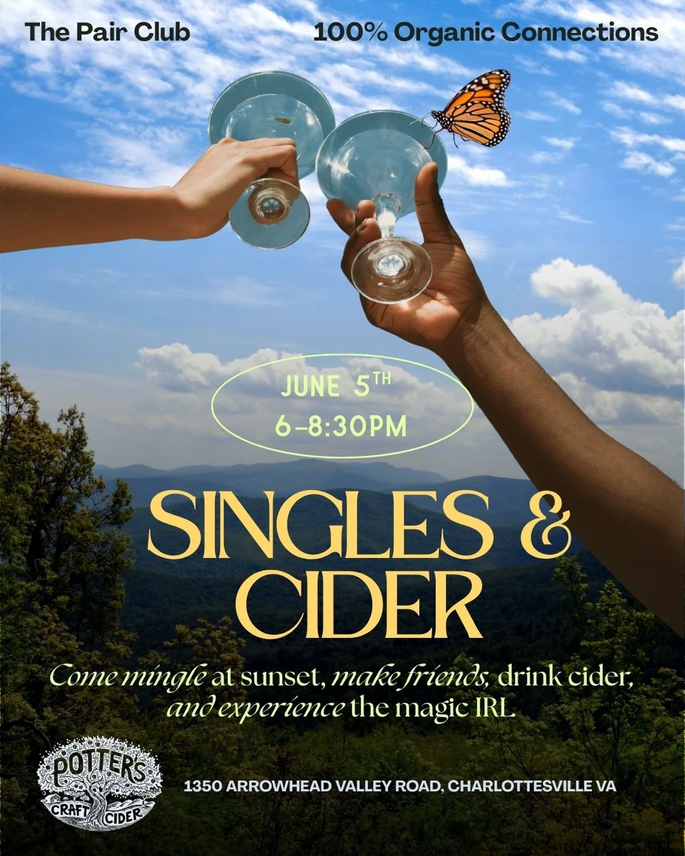 🍎☀️ POTTER&rsquo;S CIDER MEET-CUTE ☀️🍎

end the week with us in the mountains.

we&rsquo;re heading back to one of charlottesville&rsquo;s most gorgeous spots for another pair club evening at @potterscraftcider 🌿

we&rsquo;ll gather in the boxwood