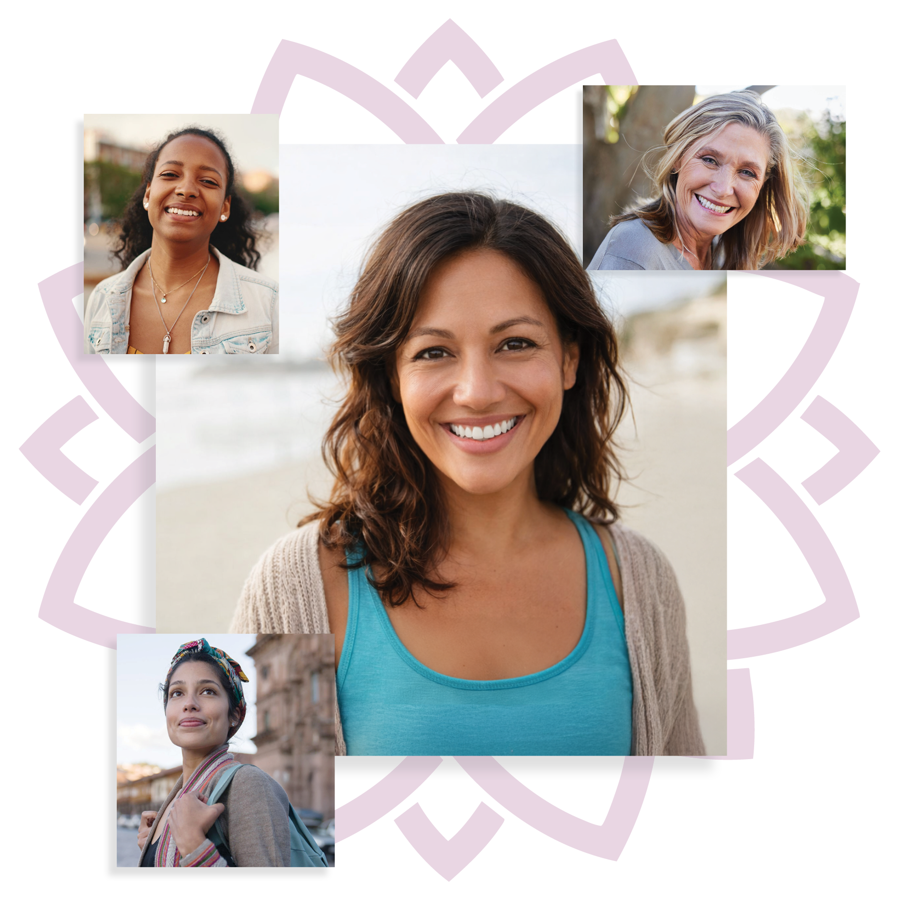 Collage of four women smiling outdoors, with a decorative purple mandala pattern in the background.