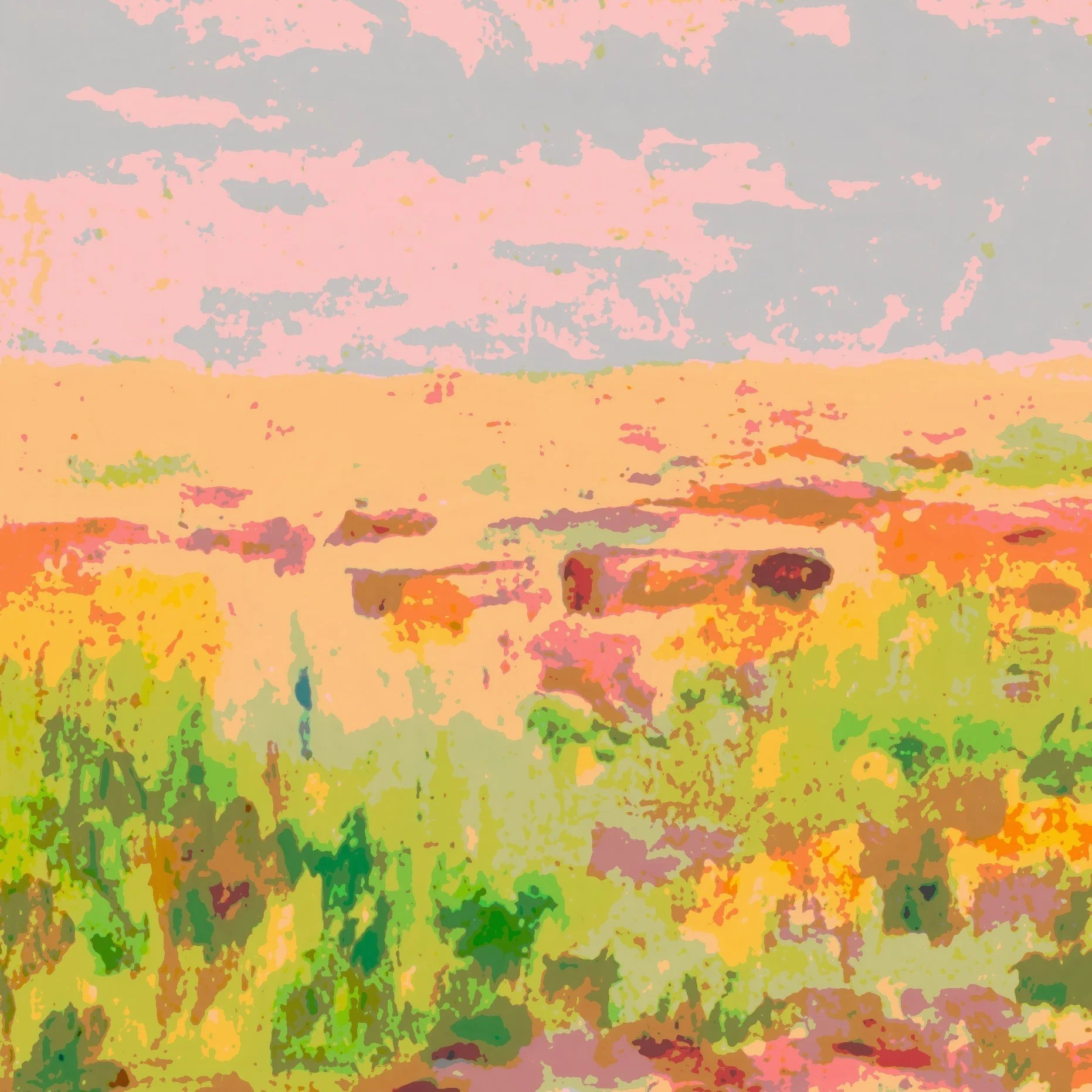 A colorful, abstract landscape scene with a sky, horizon, and foreground with various shades of pink, orange, yellow, green, and purple from Art Nature Box Landscape art class.
