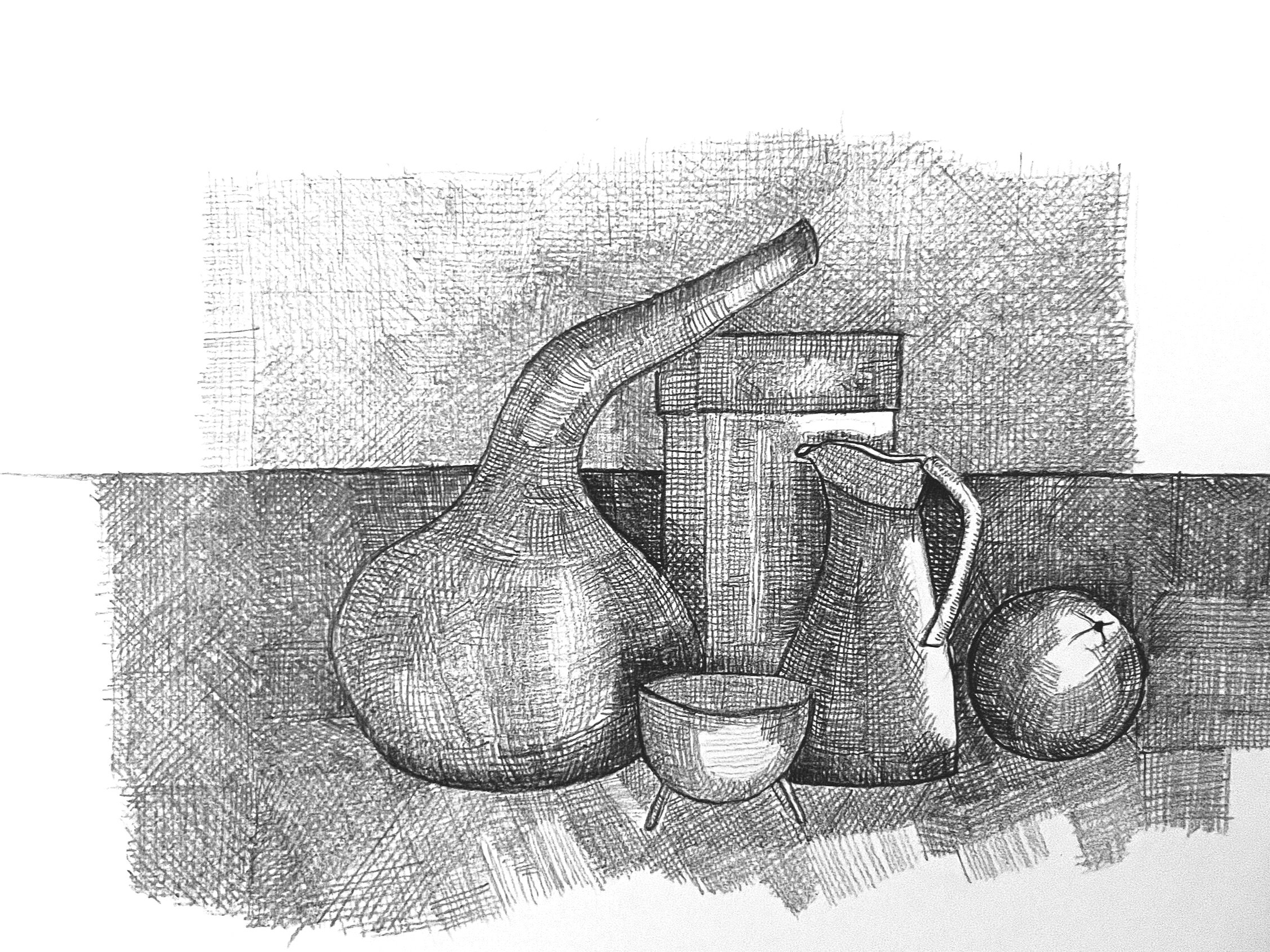 Still life. Loretta Rosa 2024. Graphic Pencil. an example of Art ClaA black-and-white sketch of a still life arrangement with a variety of vessels, including a large vessel with a long spout, a bowl, a pitcher, a round object, and a rectangular box.