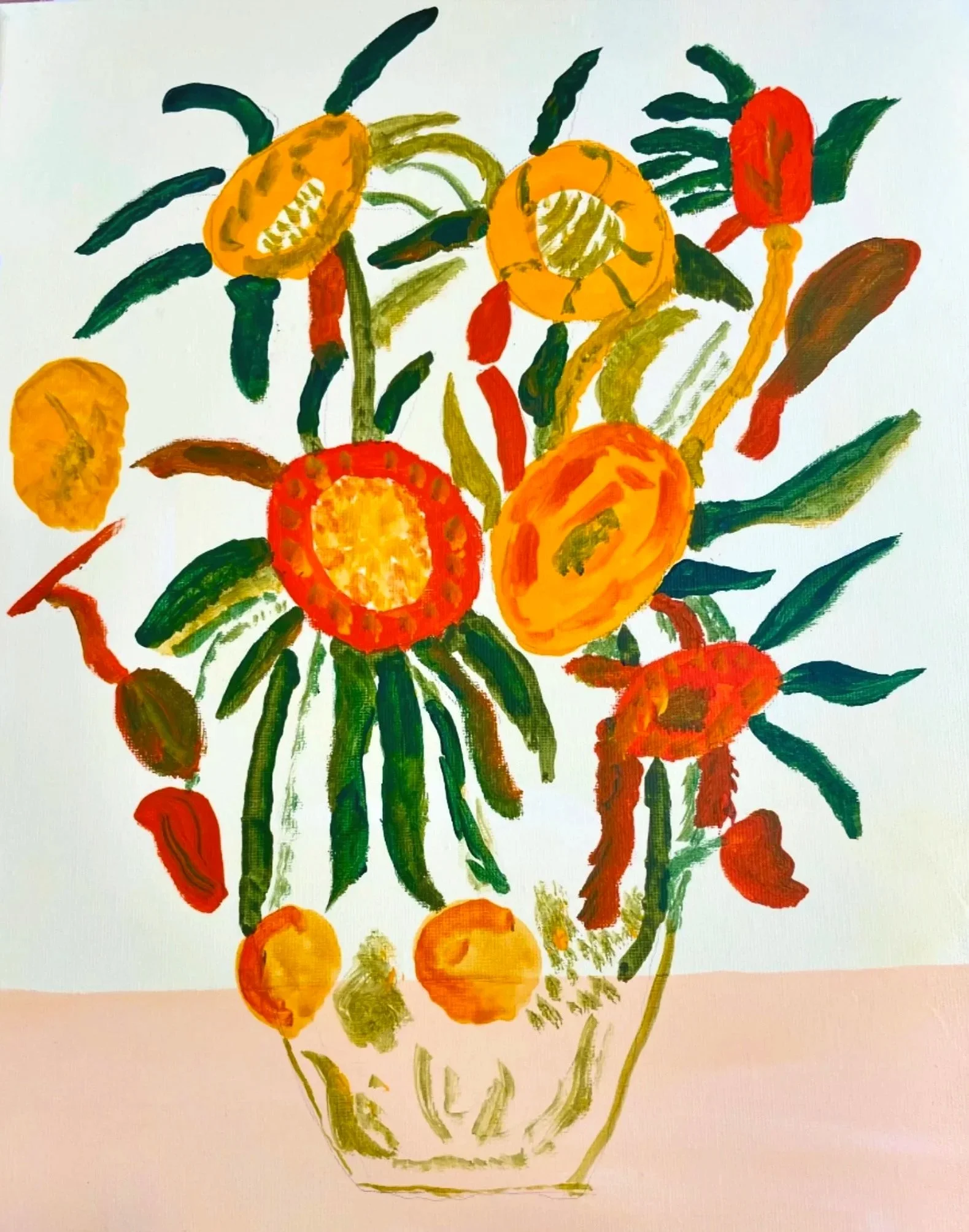 A colorful painting of a flower vase with large orange, yellow, and red flowers and green leaves.