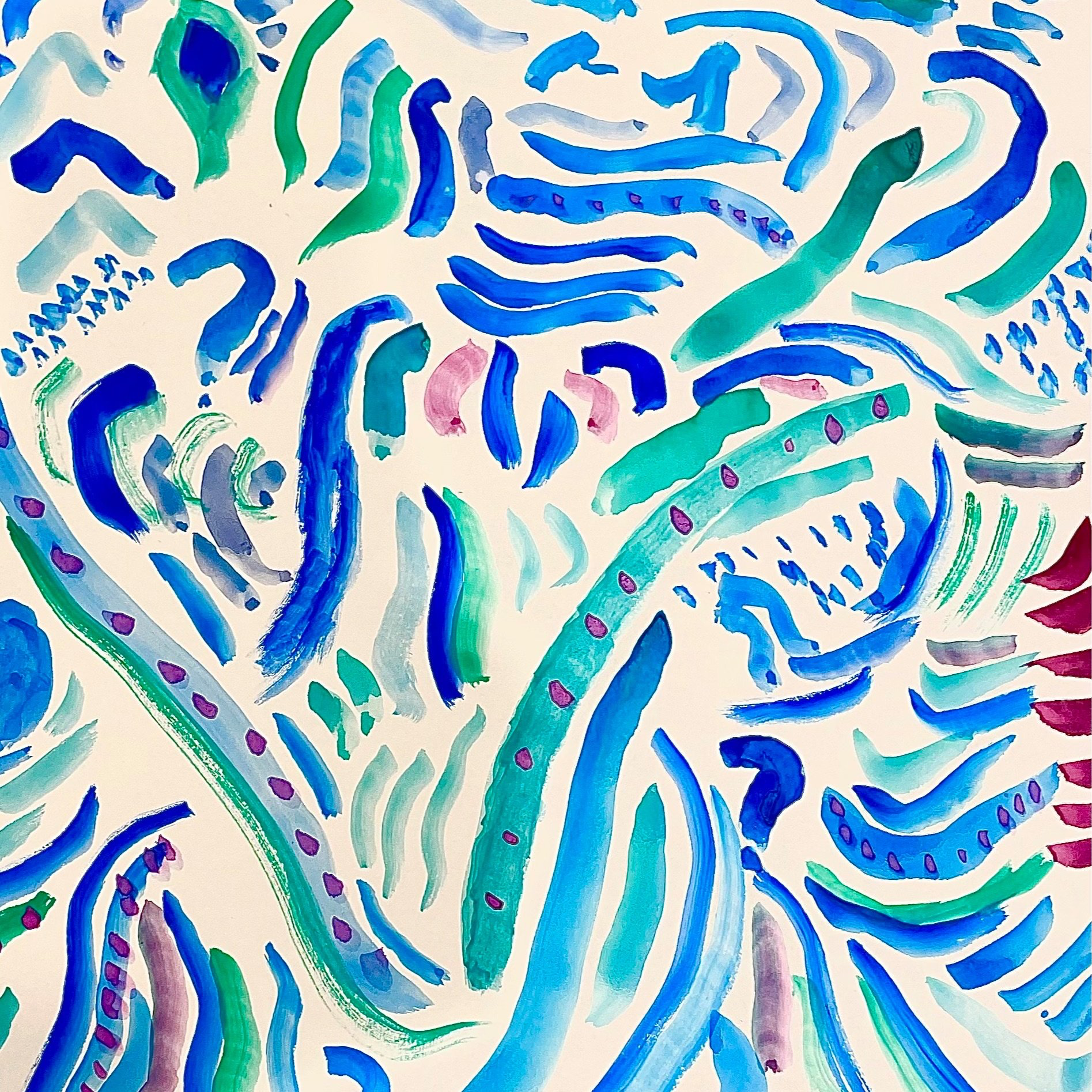 Abstract watercolor painting with blue, green, and purple curved and wavy brushstrokes on a white background. An example of aged care art classes outcome.