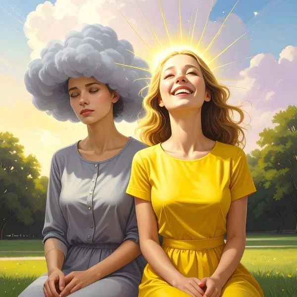 Two women sitting on a bench, one with a cloud over her head representing sympathetic stress, and one glowing with sunlight symbolizing parasympathetic calm.