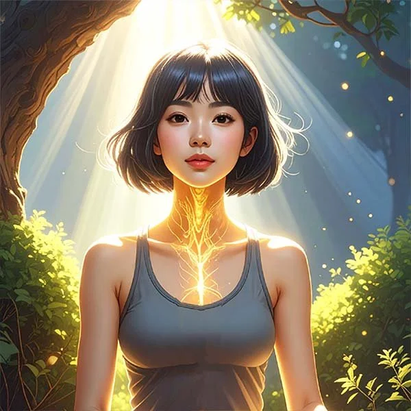 A serene woman with glowing golden energy in her chest, standing in a lush, sunlit forest. Her calm expression and the radiant light symbolize a balanced nervous system supporting manifestation, self-care, and achieving higher states of well-being.