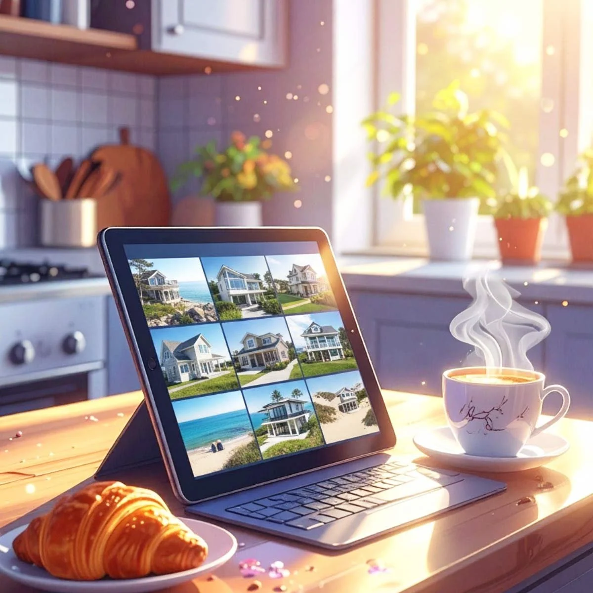 A digital vision board on a tablet displaying aesthetic beach homes next to a steaming cup of coffee.