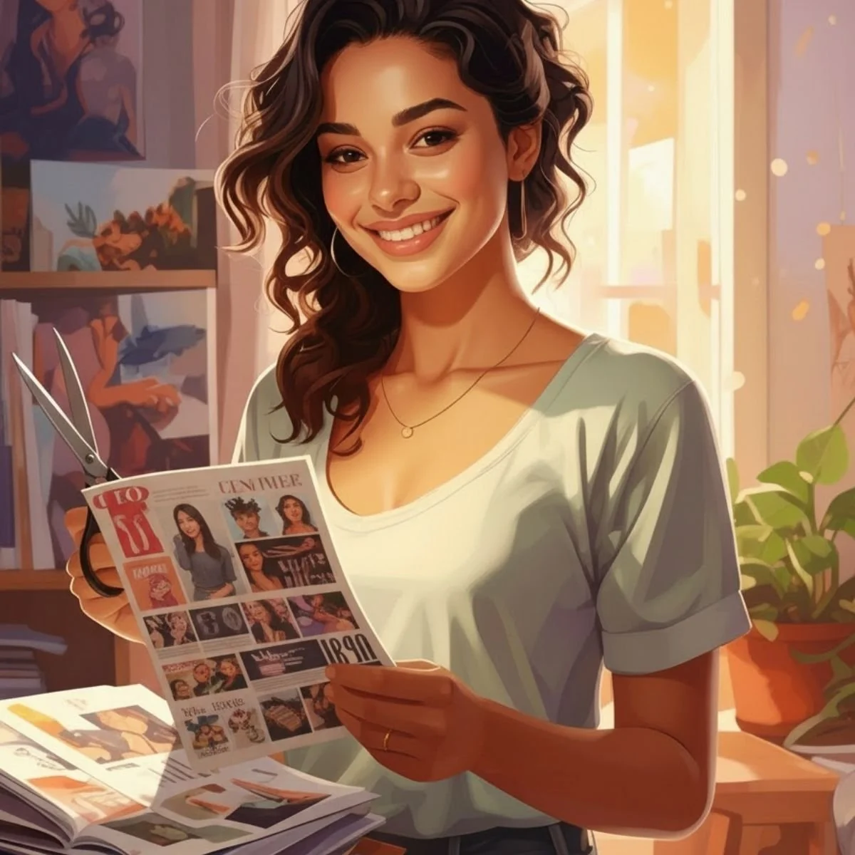 A woman smiling while cutting out magazine images for a vision board, representing the high-vibe energy of the creation process.