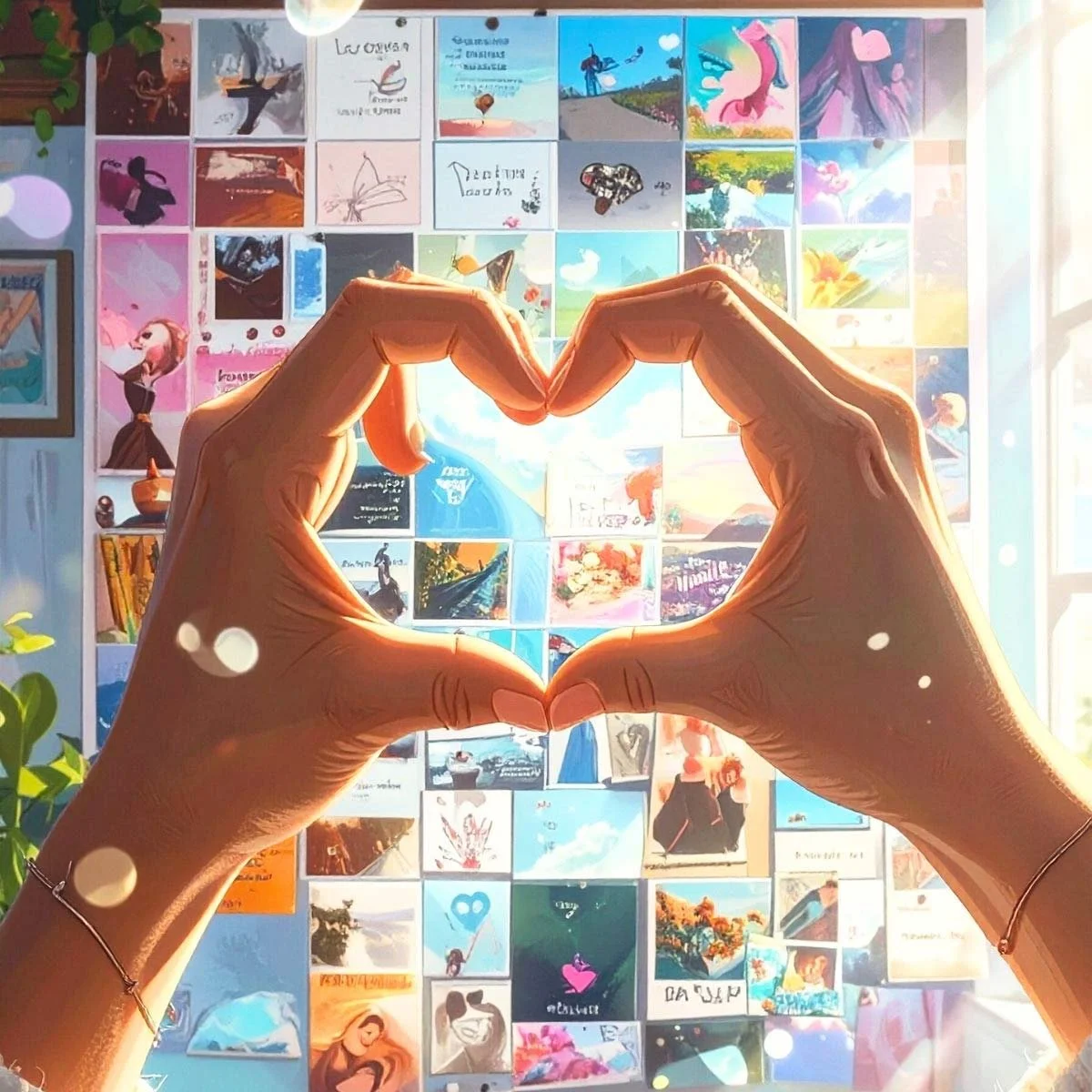 Hands forming a heart shape in front of a colorful, wall-mounted vision board filled with motivational manifestation imagery.