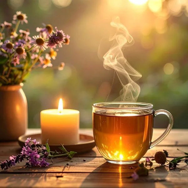 A steaming glass cup of tea on a wooden table next to a lit candle and a vase of flowers in soft sunlight, representing a peaceful 1/11 alignment ritual.