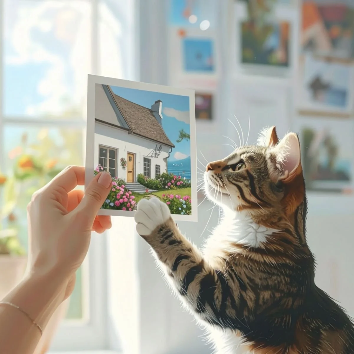 A hand holding a specific photo of a dream cottage next to a cat, illustrating the importance of detail in manifestation.
