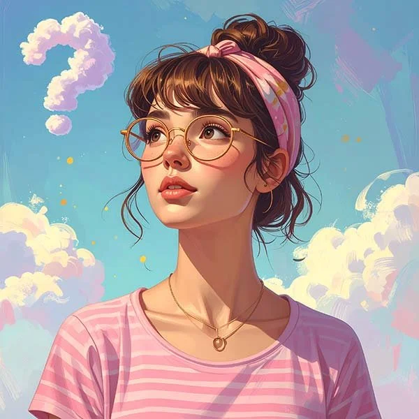 young woman with brown hair and glasses looking up into the blue sky and a cloud in the shape of a question mark