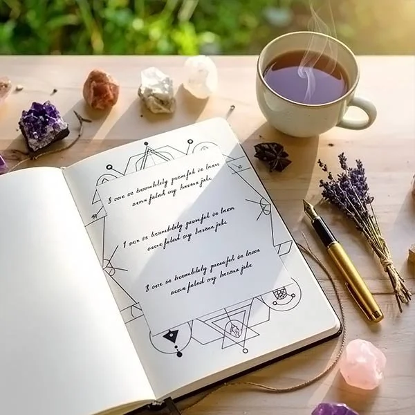 Open manifestation journal on a wooden desk showing 3-6-9 method scripting examples next to a fountain pen, crystals, and a cup of coffee.