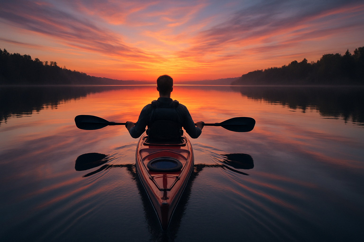 A man in a kayak is seen from behind at sunset