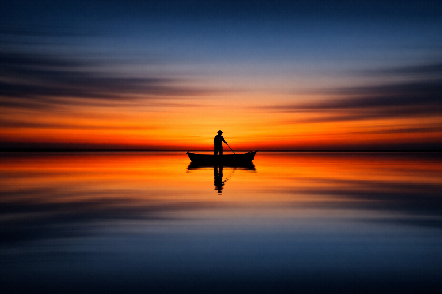 A man stands in a boat at sunset