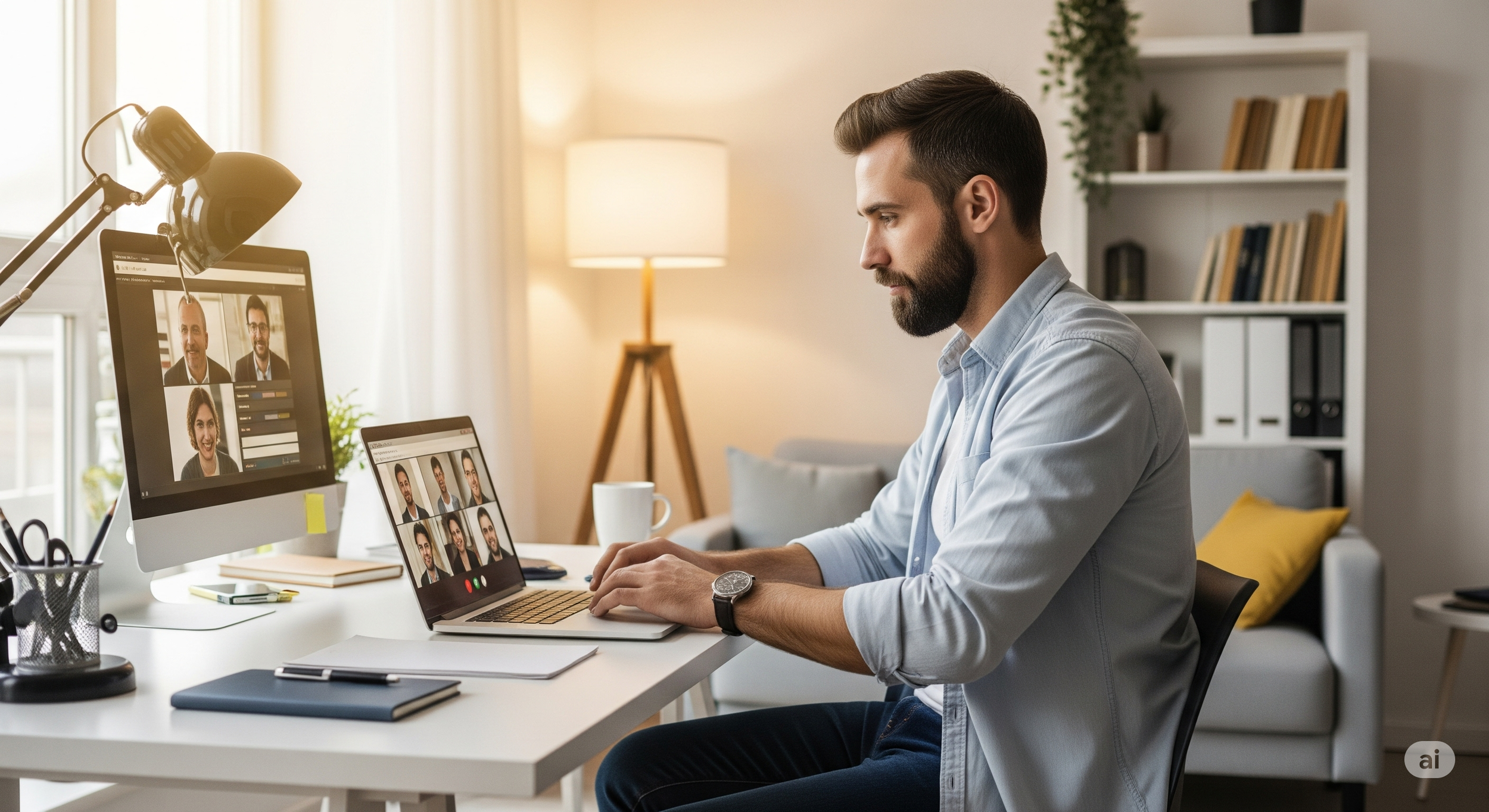 Illustration of a diverse group of people working remotely with laptops and headphones, surrounding a speech bubble with the text 'FULLY REMOTE' and a cat resting on top of the bubble.