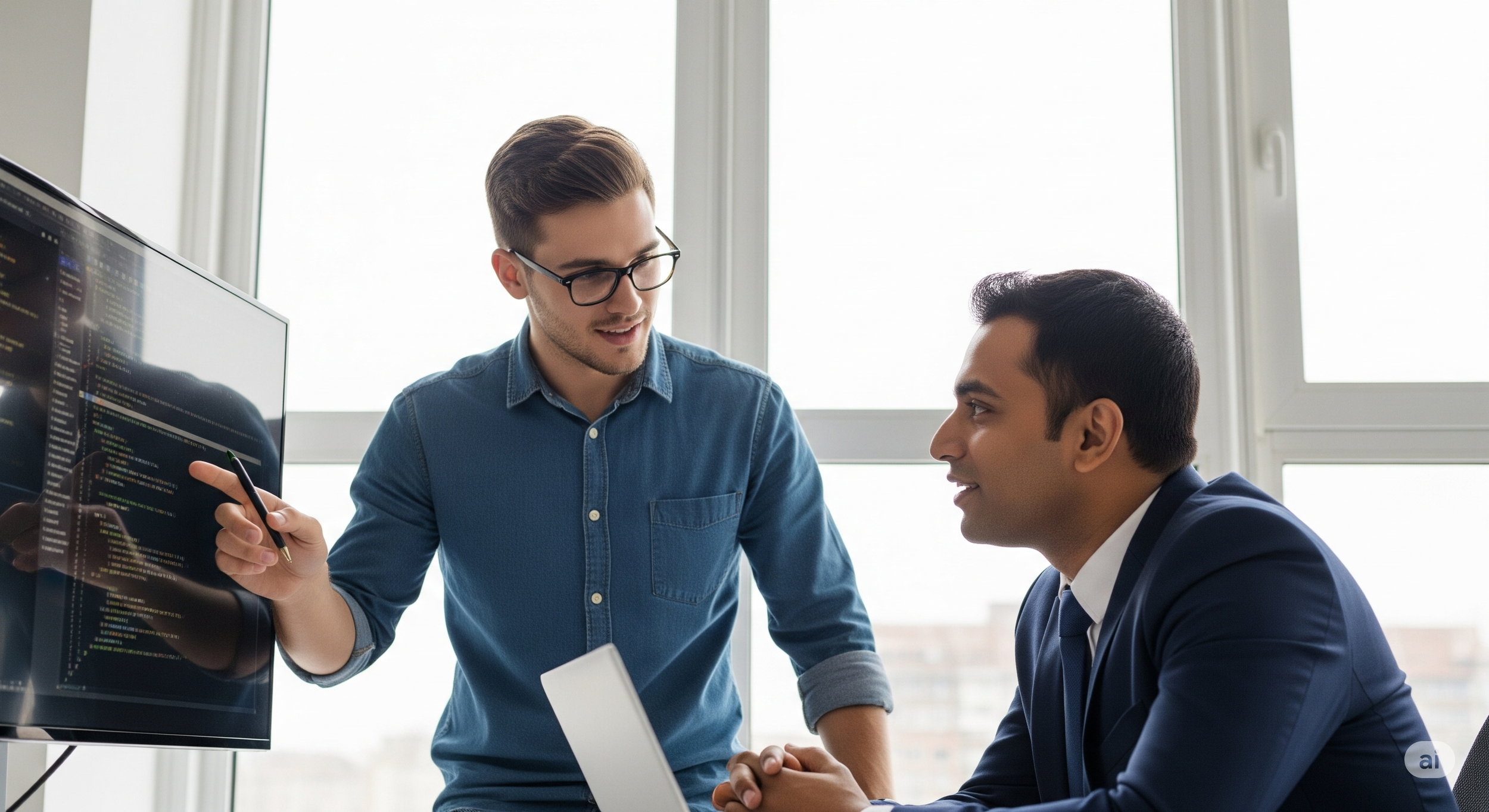 Illustration of a business meeting with two professionals discussing selecting clients, with a large sign that reads 'SELECT CLIENTS' and a shield icon with a checkmark.