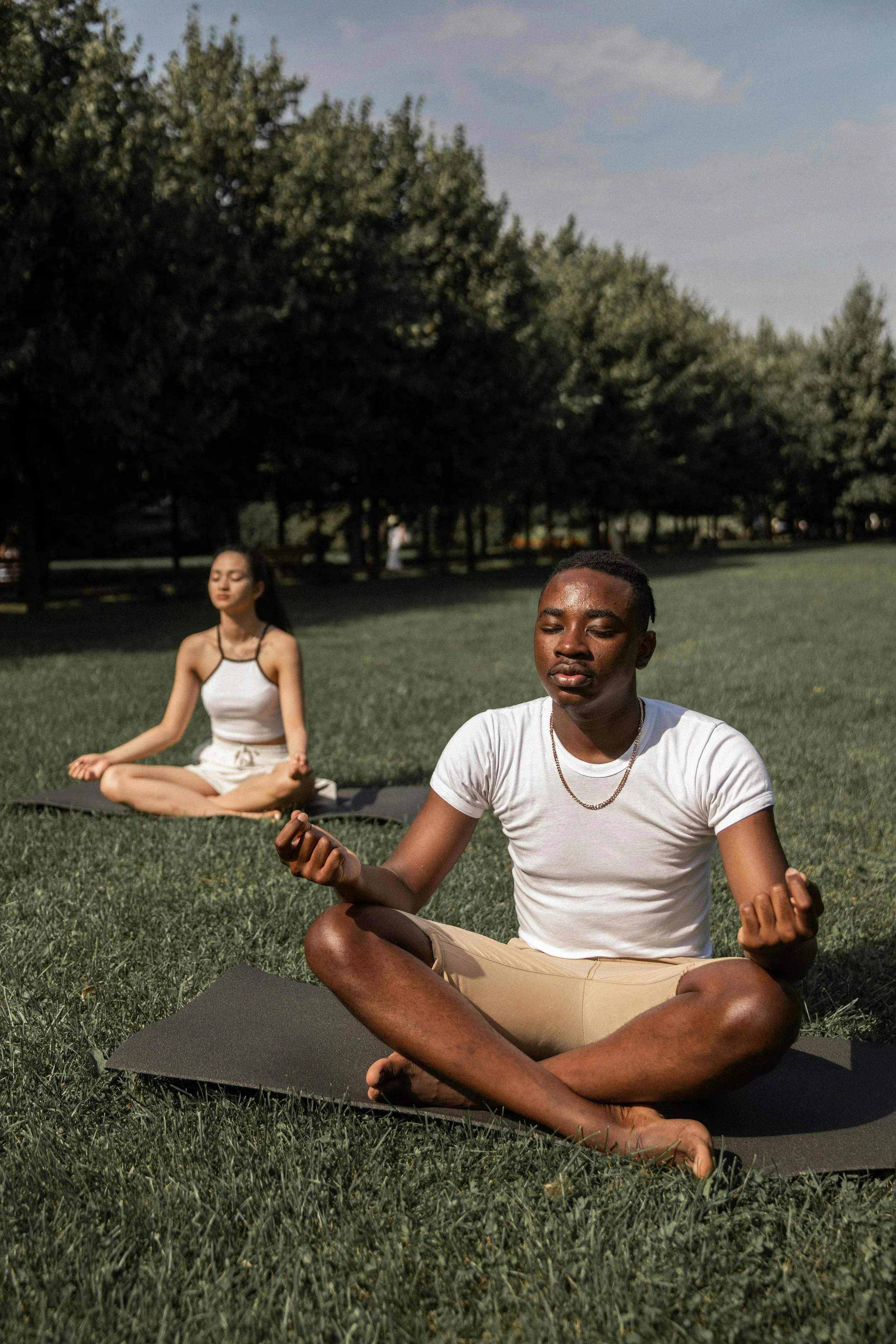 Two people practicing yoga outdoors on grassy field with trees in background. One person in foreground with eyes closed, sitting cross-legged and meditating. The other person in background with eyes closed, sitting cross-legged, also meditating.