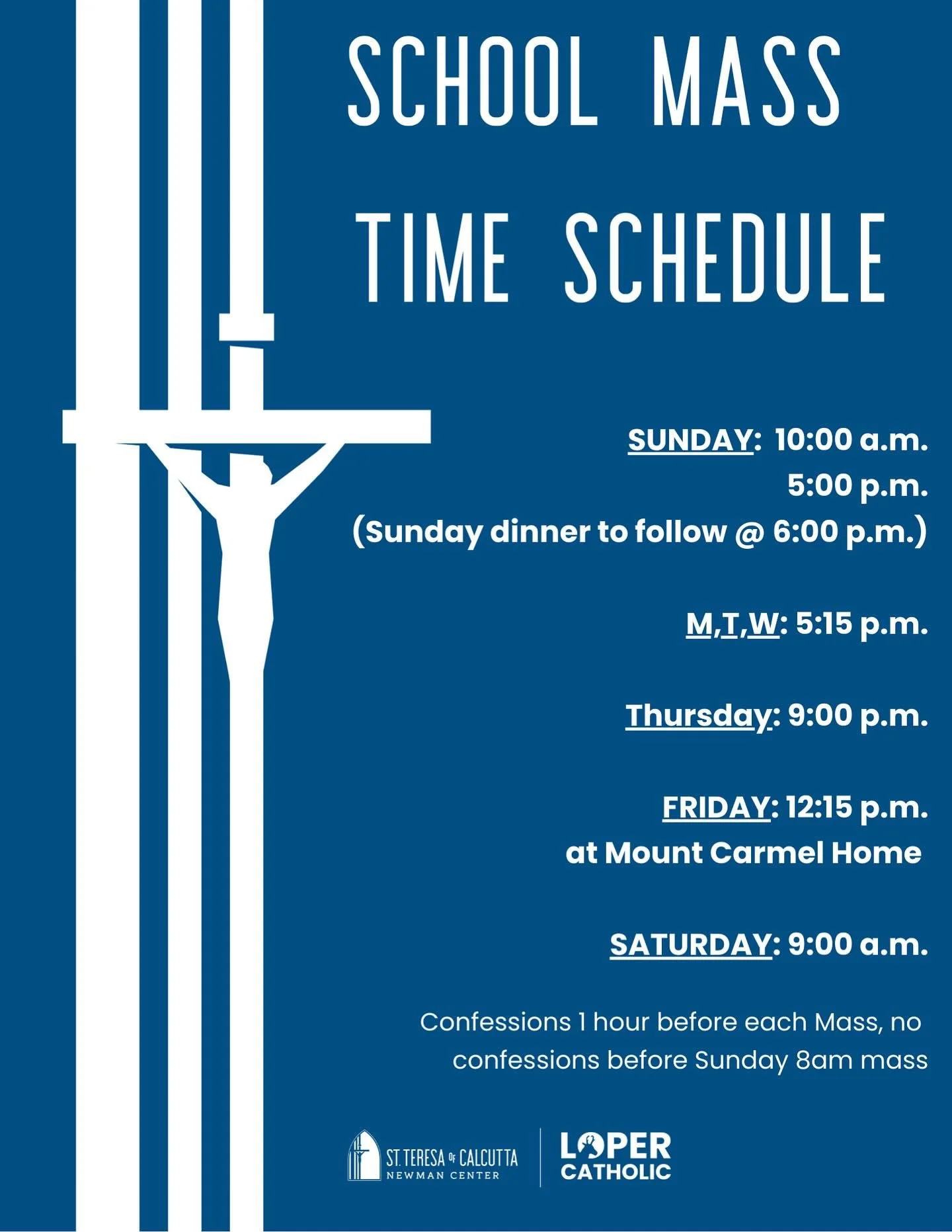 In case you forgot or are new here at LOPER Catholic, WELCOME! You can find mass times posted here or you can visit our St. T's calendar on the website for more updated times as well. These mass times will start on August 24th!

We are so excited to 