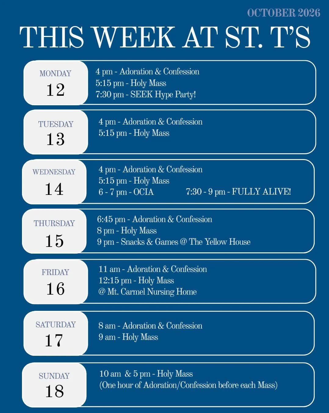 Check out everything that's happening this week at St. T's! 

Dm us if you have any questions:)

...

#lopercatholic #newmancenter #gidiocese #catholic #focus