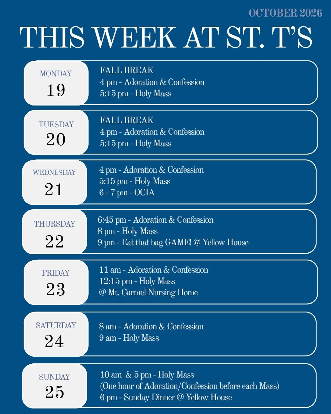 Check out everything that's happening this week at St. T's!

DM us if you have any questions:)
