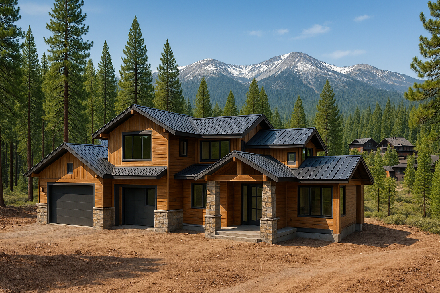 Modern wooden house with black metal roof in a forested mountain area with snow-capped peaks in the background.