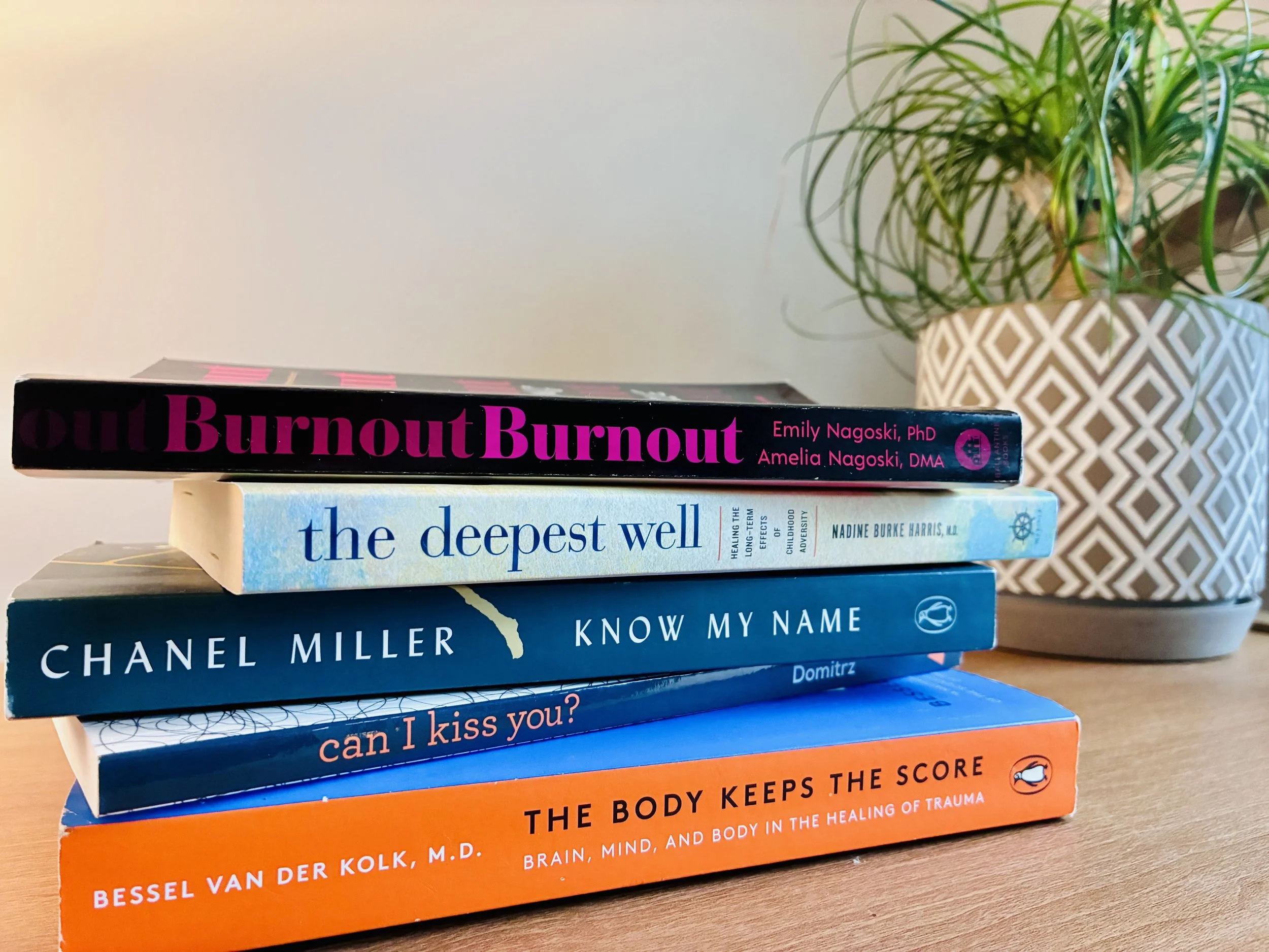Stack of six books on a wooden surface with a white and patterned potted plant in the background. The titles from top to bottom are: "Burnout Burnout" by Emily Nagoski, PhD and Amelia Nagoski, DMA, "The Deepest Well" by Nadine Burke Harris, MD, "Know My Name" by Chanel Miller, "Can I Kiss You?" by Taras K. M. D., and "The Body Keeps the Score" by Bessel Van Der Kolk, M.D.