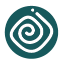 Abstract spiral design on a dark teal circular background.