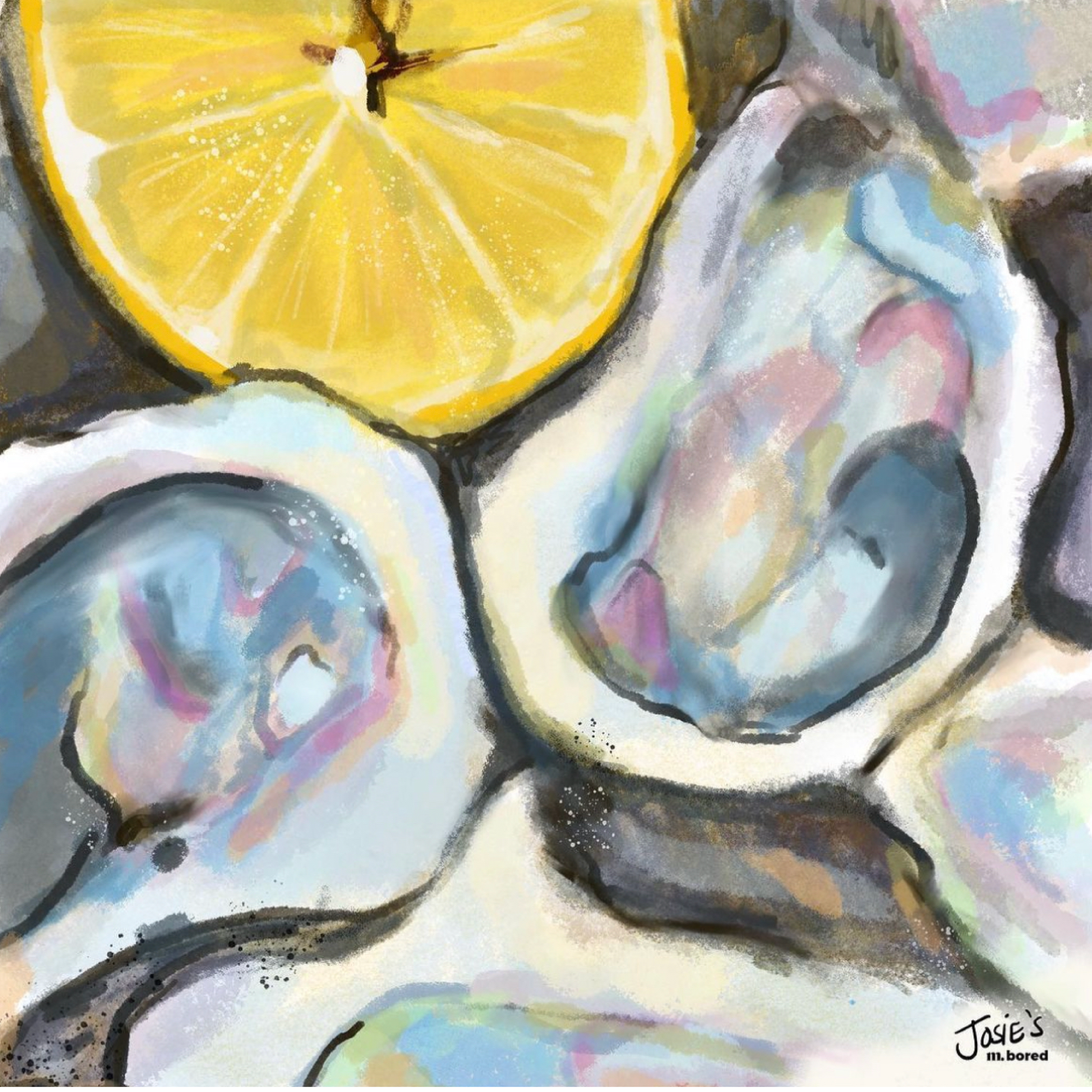 An abstract painting of oysters and a lemon wedge. The oysters are painted in soft pastel colors with black outlines, and the lemon is bright yellow. The artist's signature, Jojé's, is visible in the bottom right corner.