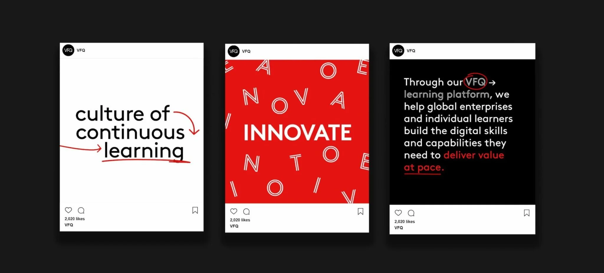 Three social media posts about innovation and continuous learning, featuring text and red accents on a black background.