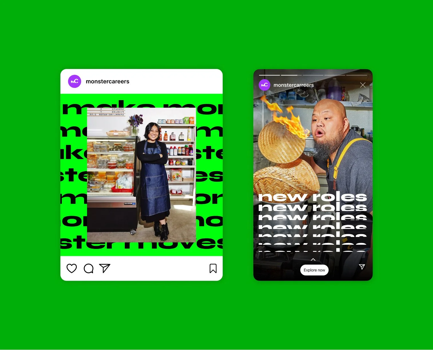 Two social media posts on a green background. The left post shows a woman in a store wearing an apron, standing in front of a display case and shelves with products. The right post shows a man with a beard igniting a flame from a woven container, with text overlay reading "new roles" repeated multiple times.