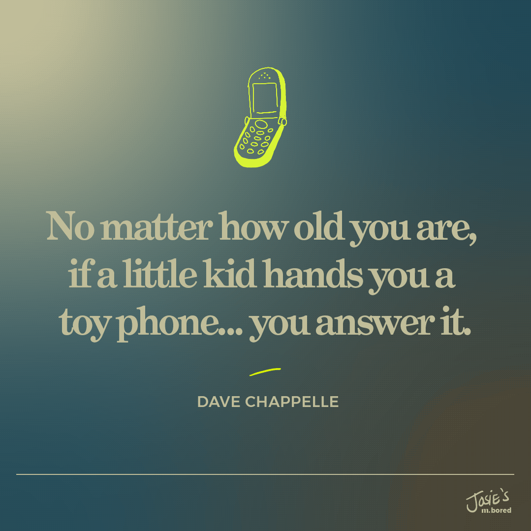 Quote by Dave Chappelle about kids and phones, with an illustration of a flip phone at the top.