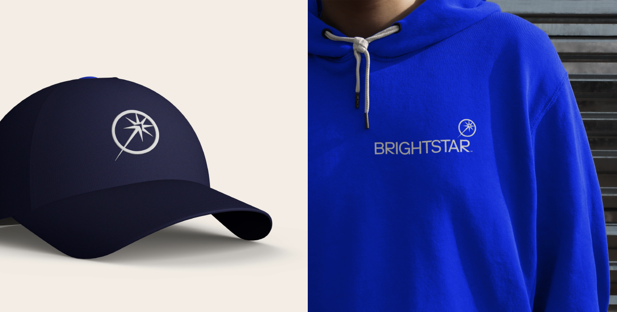 A navy blue baseball cap and a blue hoodie, both with a white circular logo featuring a star and compass, displaying the brand name 'Brightstar'.