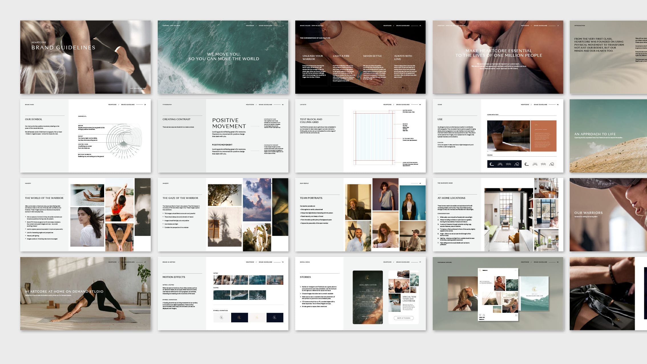 A collage of multiple digital presentation slides with fitness, wellness, and lifestyle themes, including images of people practicing yoga, surfing, and relaxing, with text discussing brand guidelines, positive movement, warrior photos, team portraits, and motion effects.