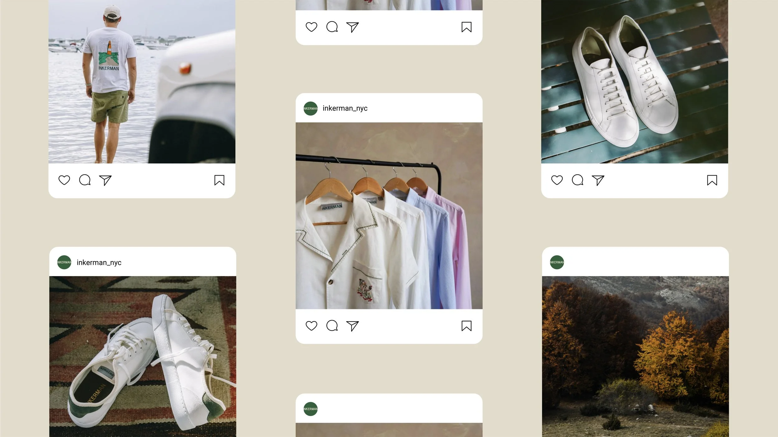 Collage of five photos showing various fashion and lifestyle items. Top left: a man walking by a marina wearing green shorts and a white T-shirt with a graphic design. Top right: white sneakers placed on a green wooden surface. Bottom left: a pair of white sneakers with green accents on a patterned rug. Middle: four polo shirts in different pastel colors hanging on a rack. Bottom right: an autumn landscape with trees showcasing fall foliage and rolling hills in the background.