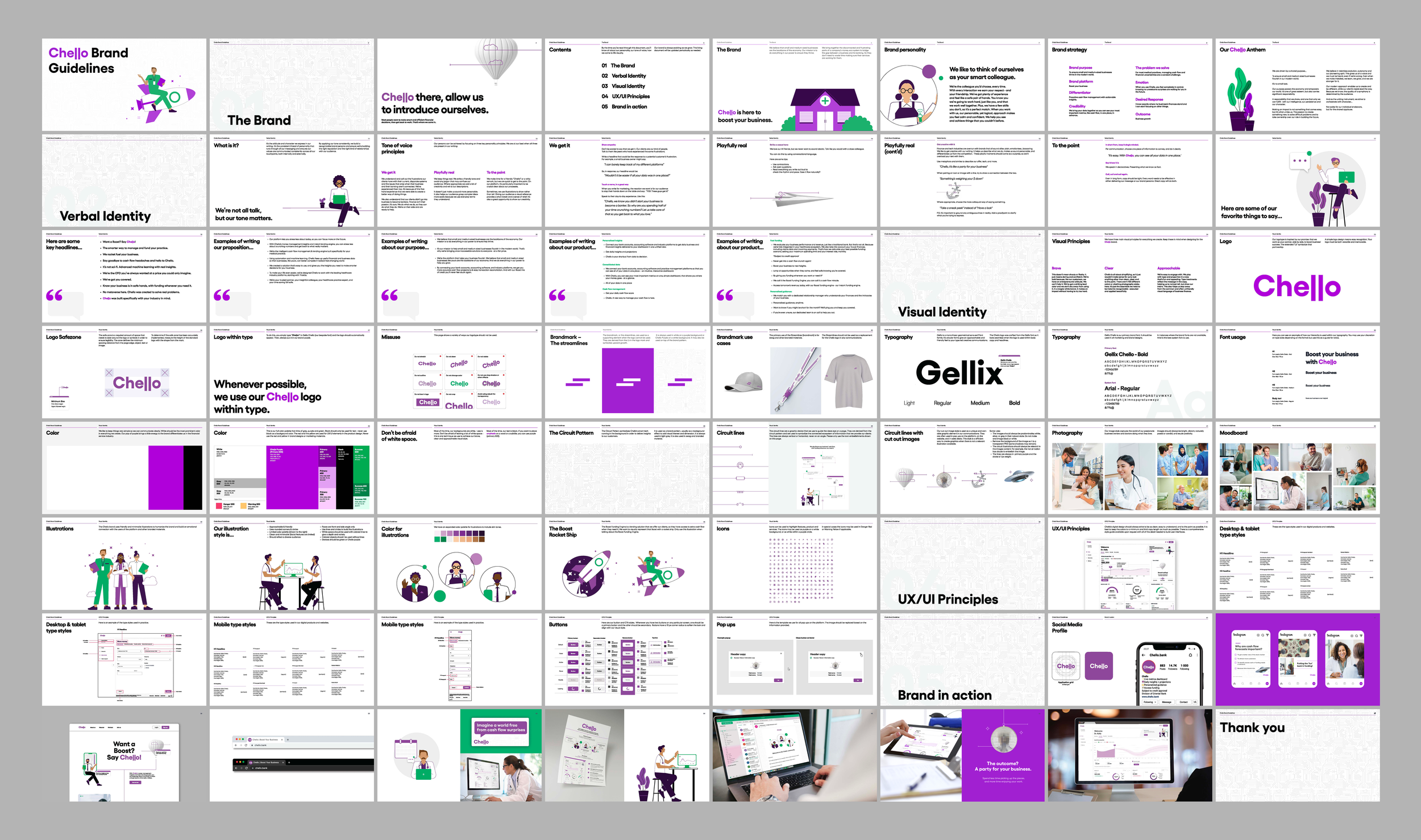 Collection of presentation slides for a brand guidelines document featuring text, graphics, illustrations, and photos with a purple, green, black, and white color scheme.