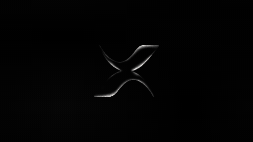 A dark background with a stylized silver 'X' in the center, featuring curved lines and a reflective finish.