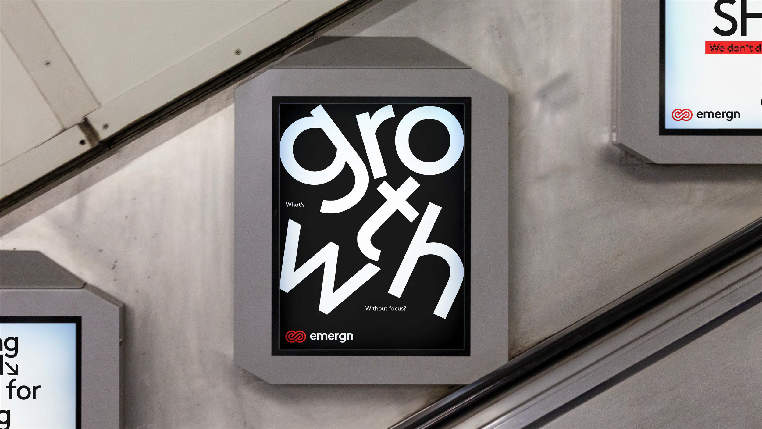 Digital display advertisement with large, abstract, white text on a black background and small text that reads 'What's' and 'Without focus?', accompanied by a red