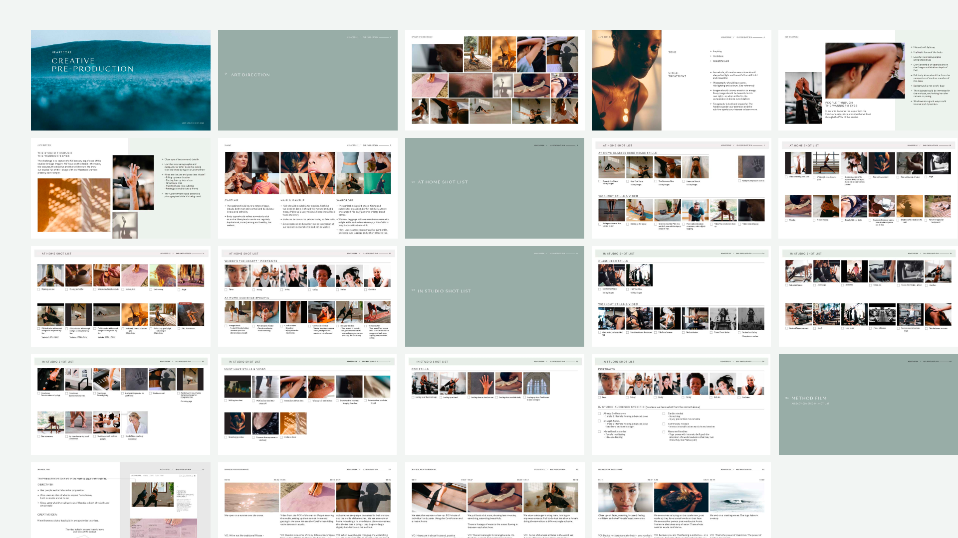 A comprehensive mood board and shot list for a creative photo and video production project, featuring images of people practicing yoga, fitness, and portraits, with text descriptions and shot planning details.