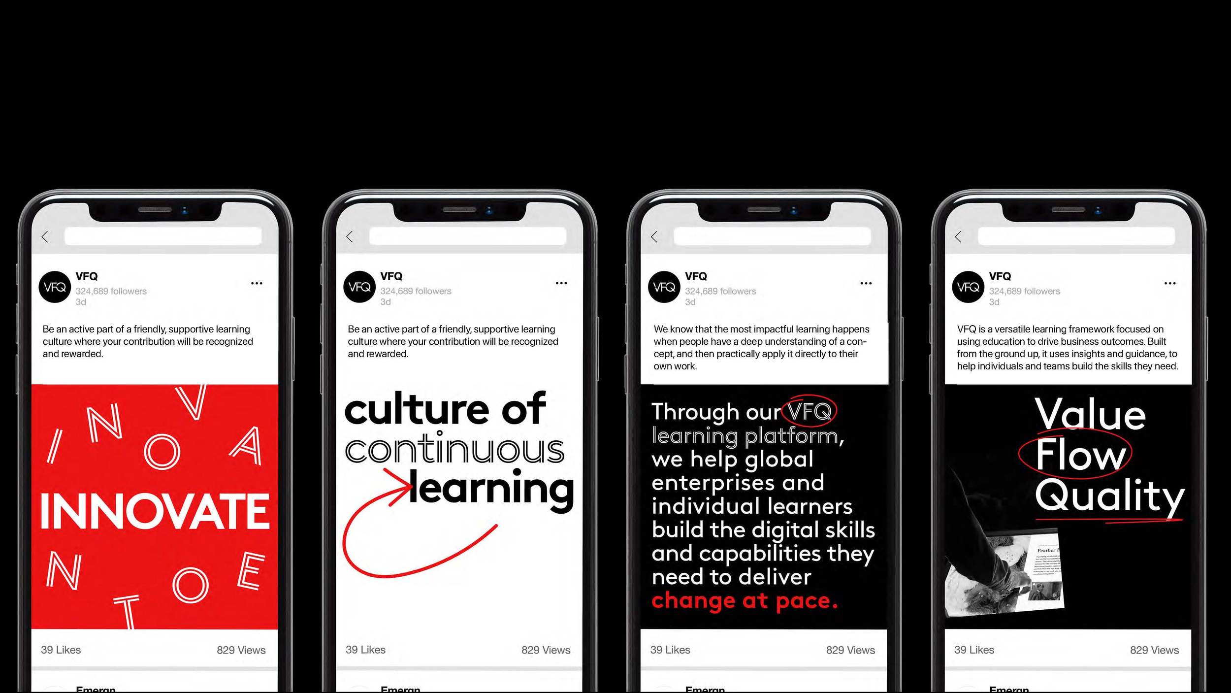 Four smartphones displaying social media posts about a learning platform called VFQ, with various text and graphics emphasizing innovation, continuous learning, digital skills, and key concepts like value, flow, and quality.