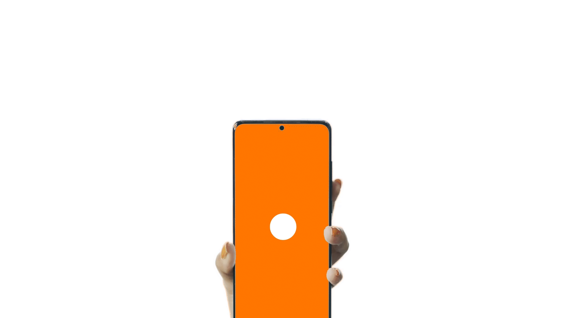 A hand holding a smartphone with an orange screen and a white circle in the center, against a plain white background.