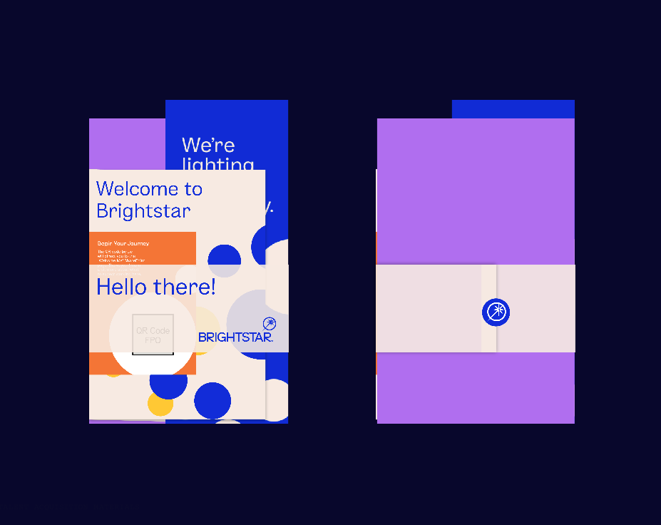 A store display with Brightstar branding, showing product packaging with purple and white colors, and a QR code on the packaging.