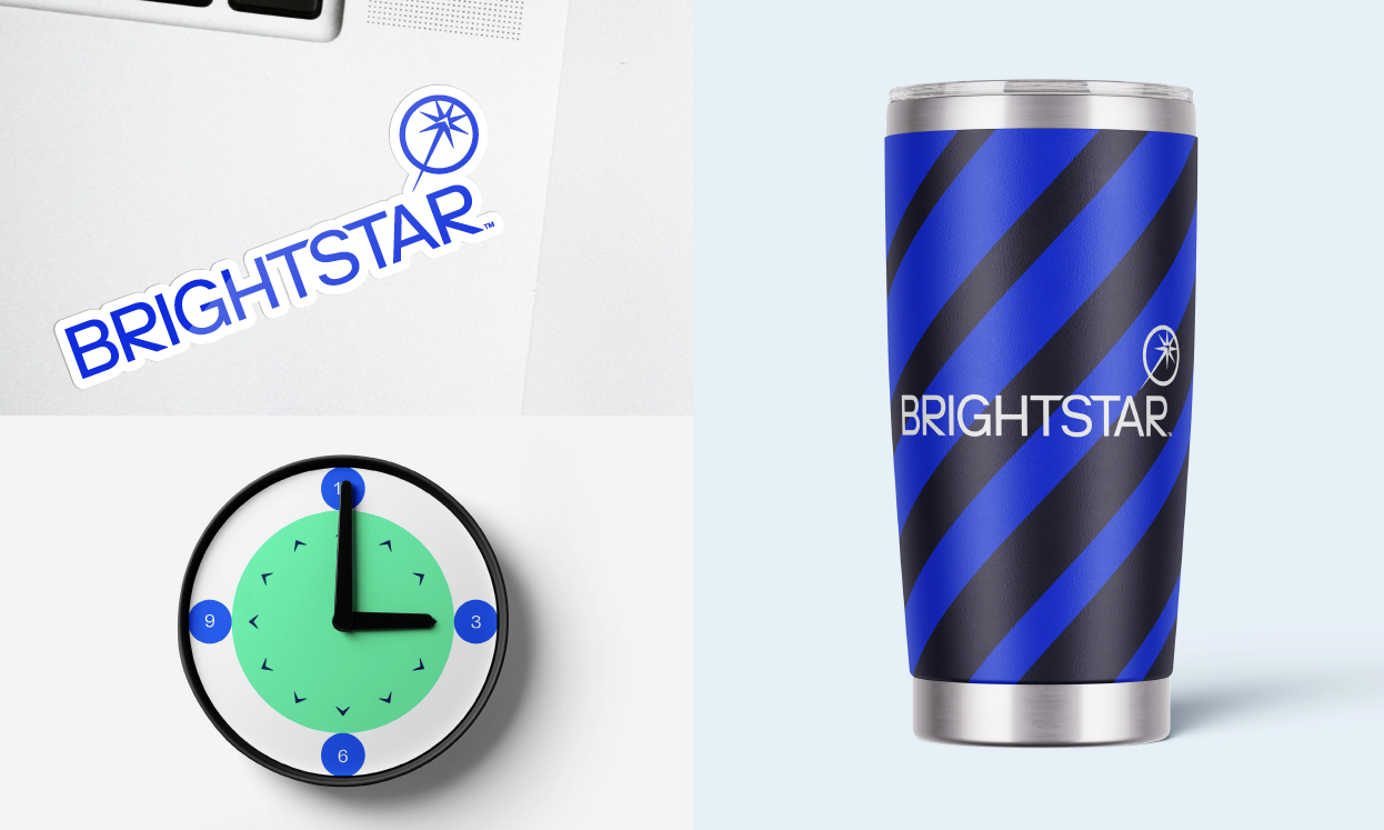 A composite image featuring three objects: a sticker with the BrightStar logo on a gray surface, a round clock with a green face, blue accents, and black hands showing 3:00, and a tall cylindrical container with a blue and black striped design and the BrightStar logo.