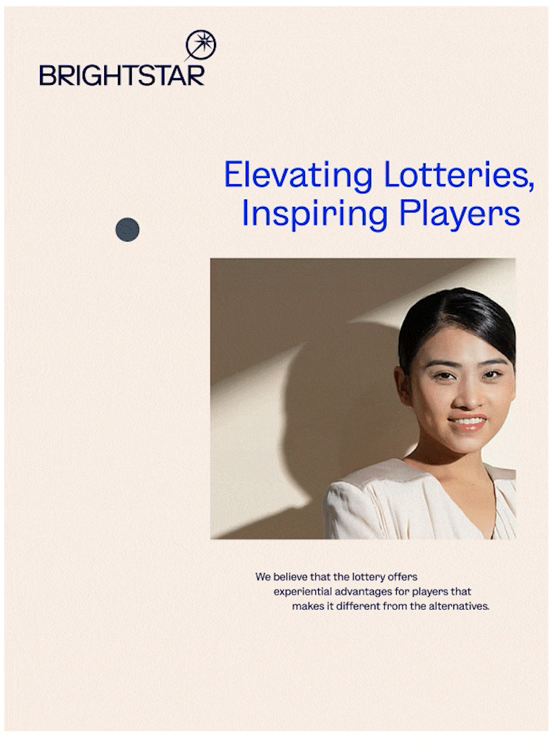 A promotional flyer for Brightstar with the headline "Elevating Lotteries, Inspiring Players" and an image of a smiling woman with short black hair. The flyer includes text about the lottery offering experiential advantages for players, emphasizing its uniqueness.