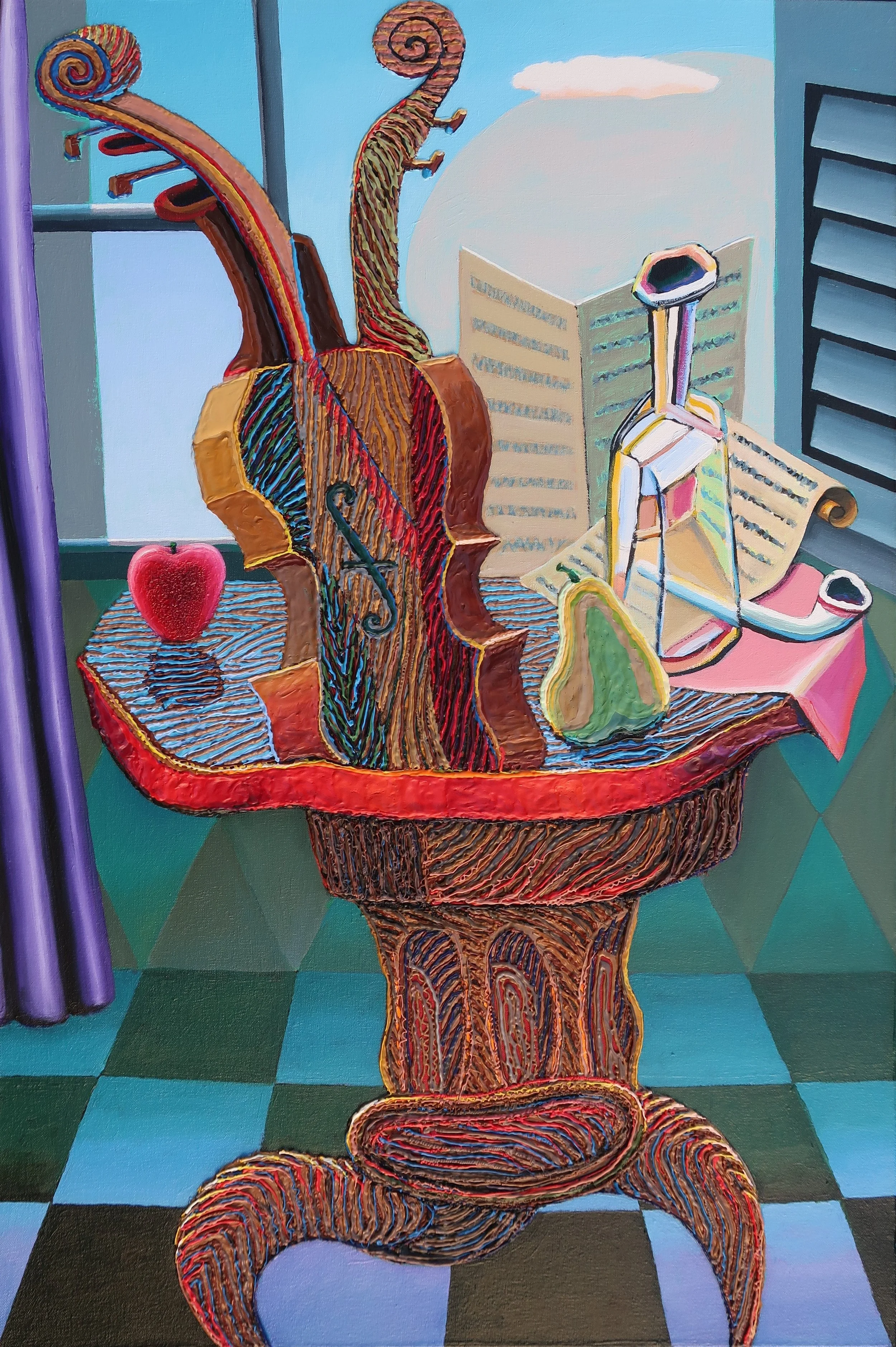 A colorful, abstract painting of a wooden table with a red apple, a green pear, and a violin with exaggerated, swirling lines. In the background, there is a music stand with sheet music and a partly open window with blue shutters. The floor has a che
