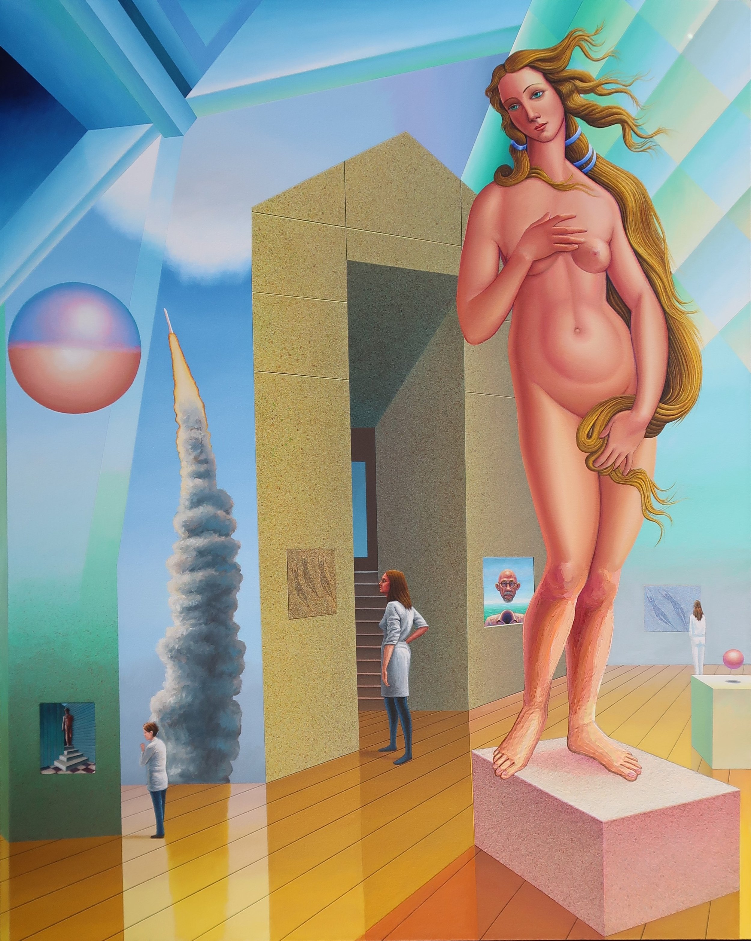 A surreal painting of a museum interior with a mix of classical and fantasy elements, featuring a large statue of a partially nude woman with long flowing hair, a rocket launch, and various smaller artworks and sculptures displayed around.