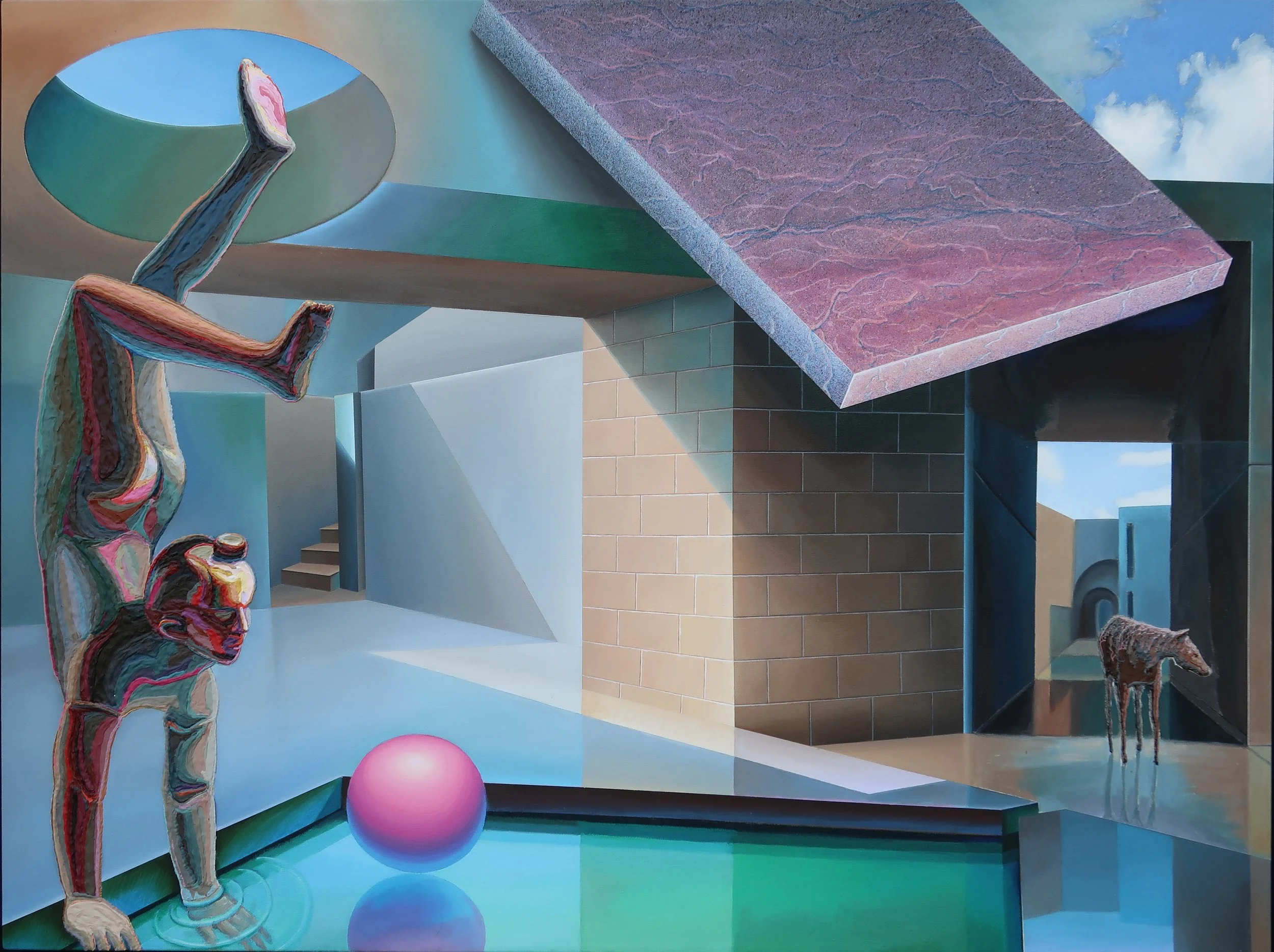 Surrealist painting depicting a humanoid figure with a distorted, colorful body, balancing a pink sphere on a blue reflective surface, with architectural structures, stairs, and a horse in the background.