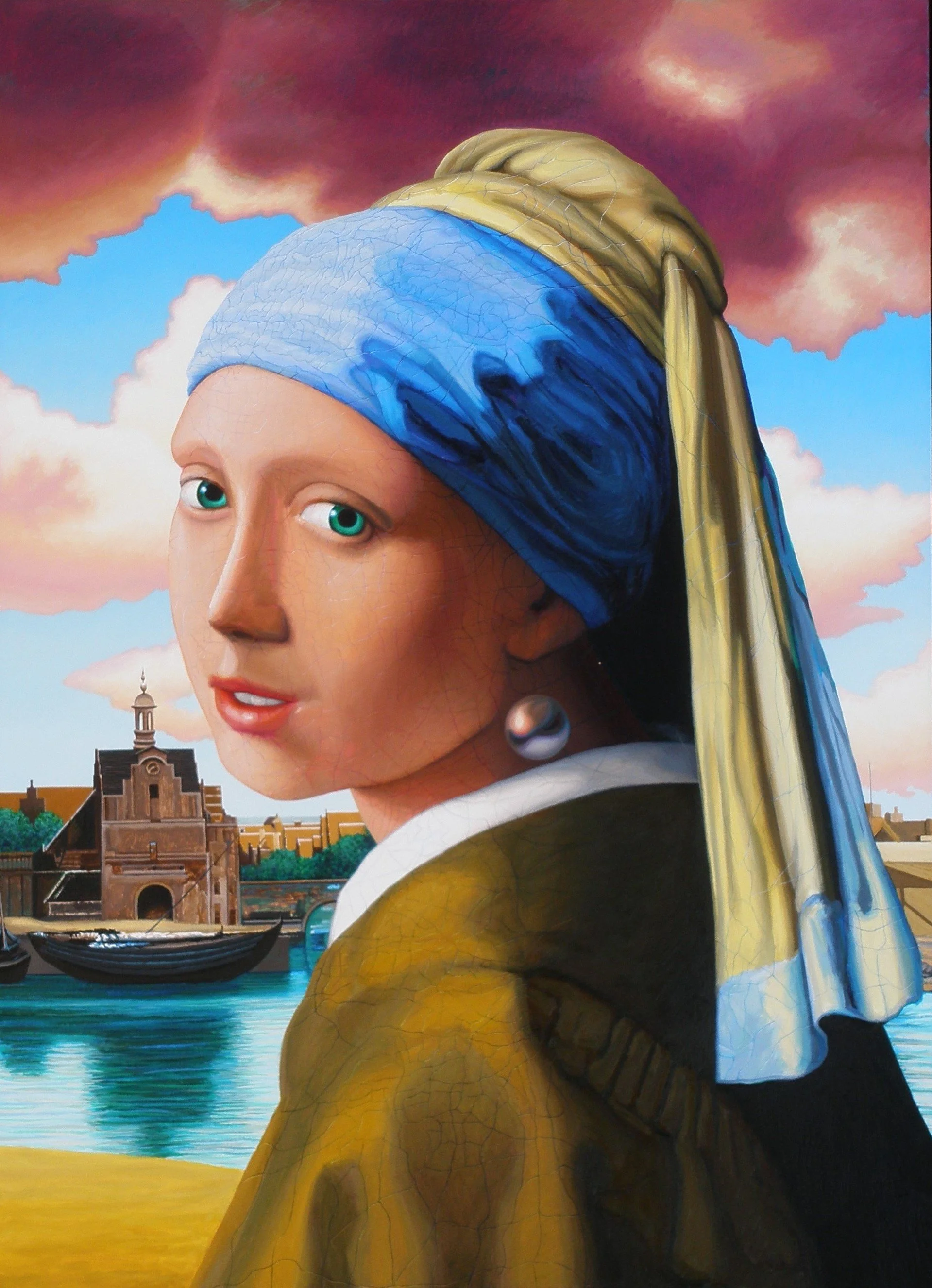 A painting style of Mona Lisa with a background of a harbor, boats, and a cloudy sky.