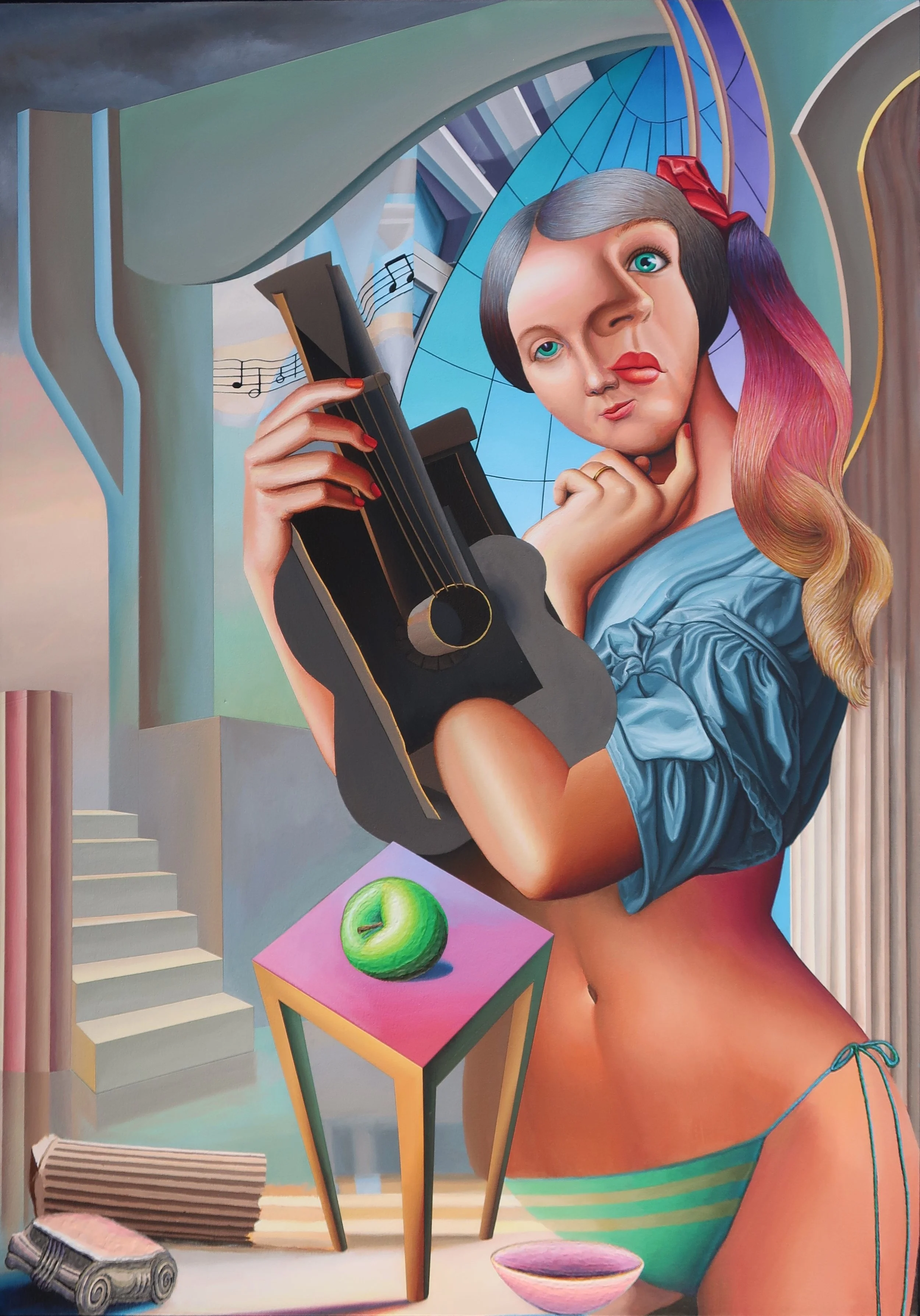 A surrealist painting of a woman with one eye larger than the other, holding a guitar. She has multi-colored hair and is dressed in a blue top and striped bikini bottom. The background features abstract architectural elements, a staircase, and musica