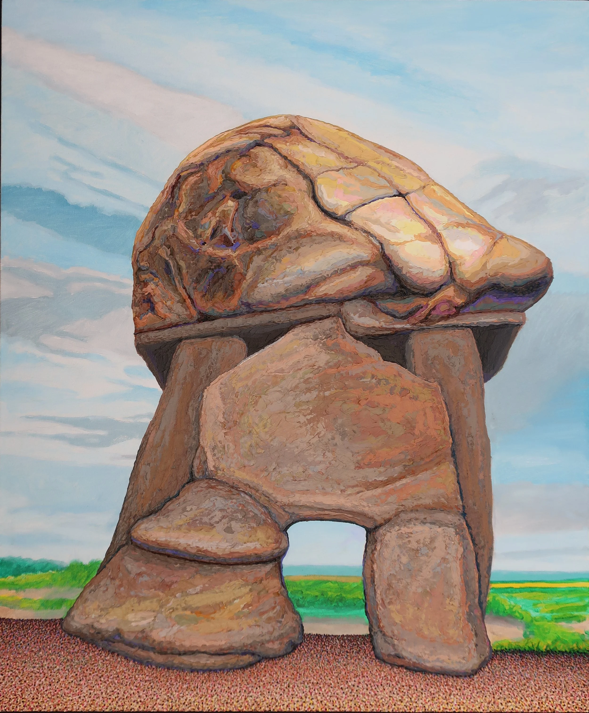 Painted depiction of a dolmen consisting of large, weathered stones, with a large flat stone supported by two upright stones, set against a background of a partly cloudy sky and green landscape.