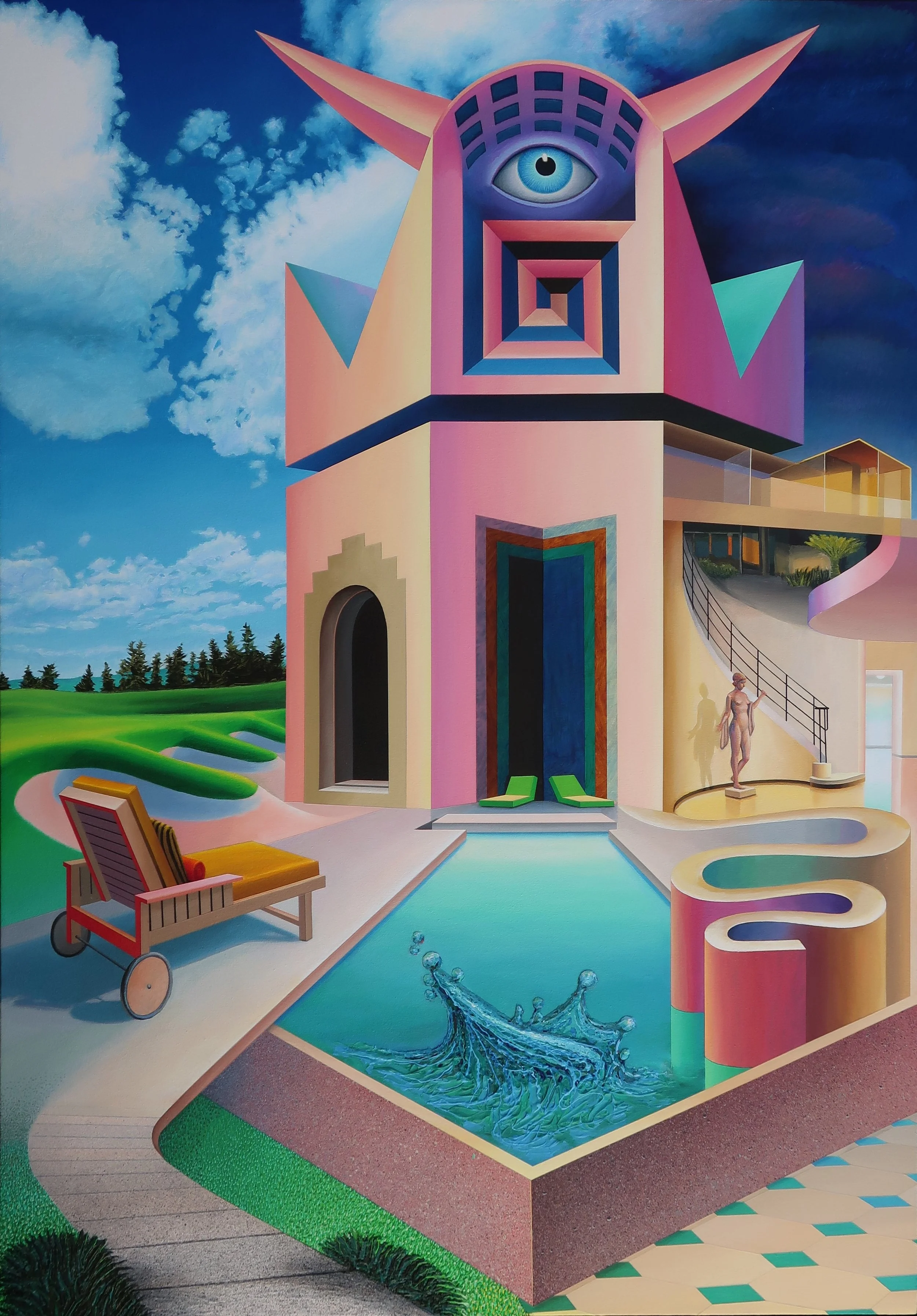Colorful surrealist painting of a house with a large eye on top, a spiral entrance, a swimming pool with water splashing, lounge chairs, and sculptures, set against a bright blue sky.