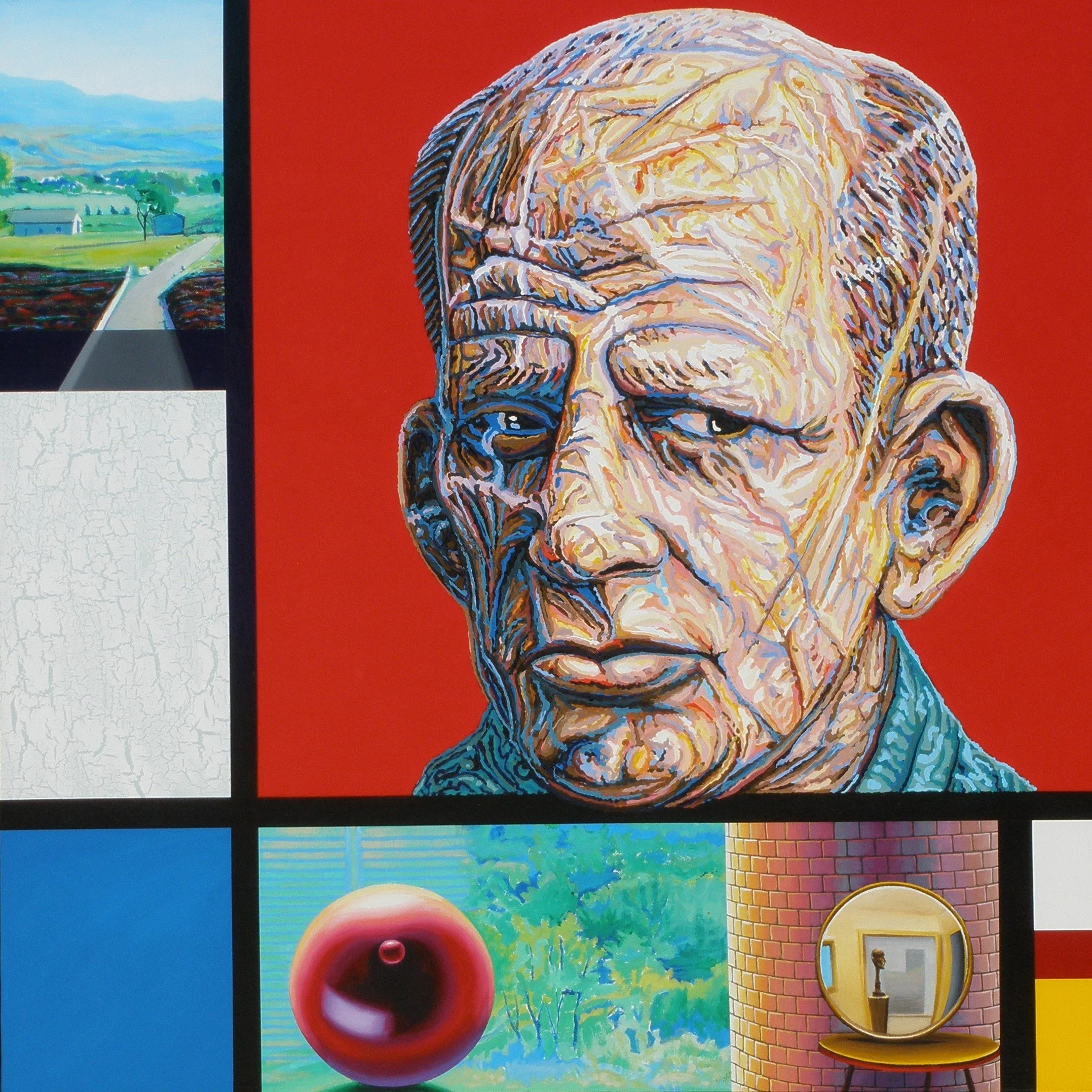 A vibrant painting of a man with a serious expression, depicted with bold, swirling brushstrokes against a bright orange background.